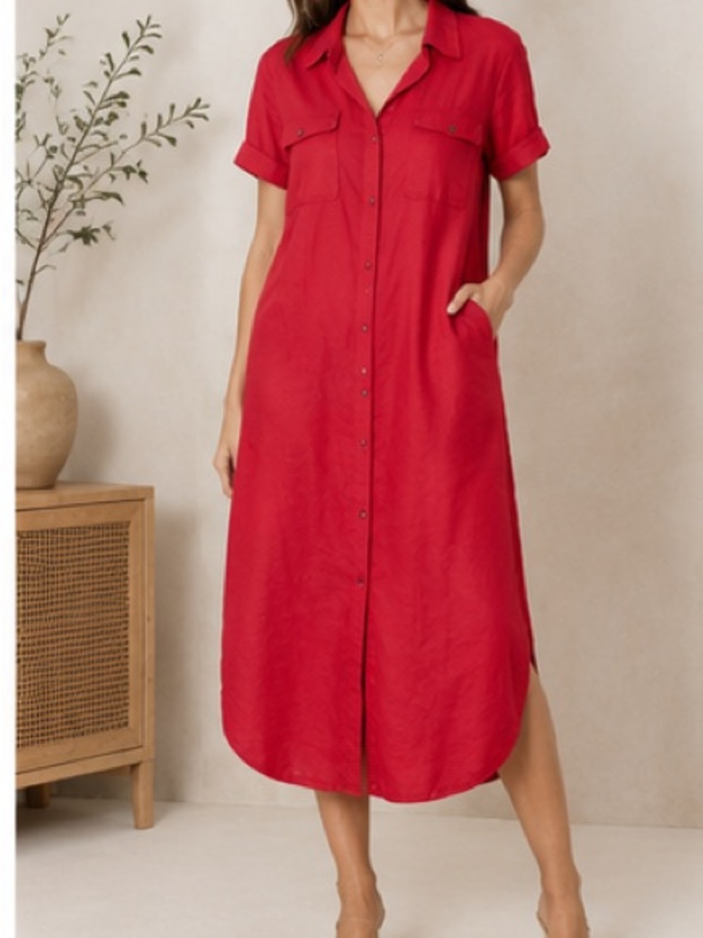 Maeve Anthropologie Red Textured Shirt Dress Button Front Midi Size XS